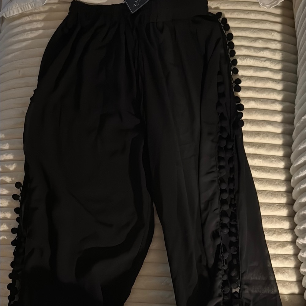 Elegant Black Pom-Pom Trim Pants